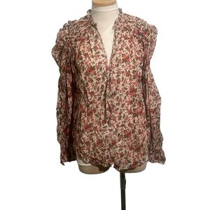 Free People Cream Floral Ruffle V-Neck Blouse